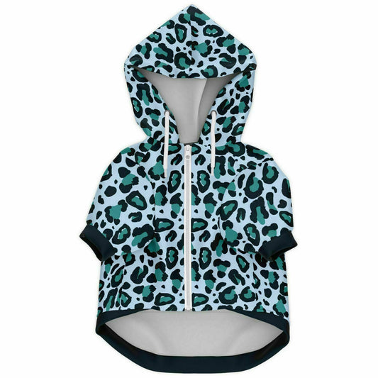 Front preview of Aqua Leopard dog hoodie.