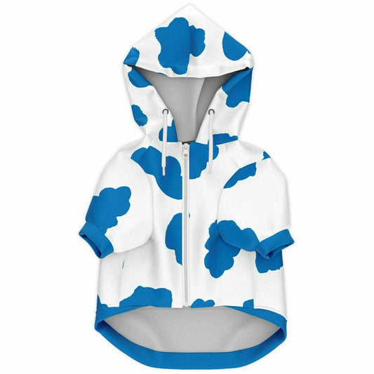 Front preview of Blue Cow dog hoodie.