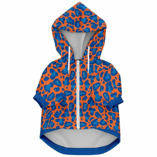 Front preview of Blue Ember Leopard dog hoodie.