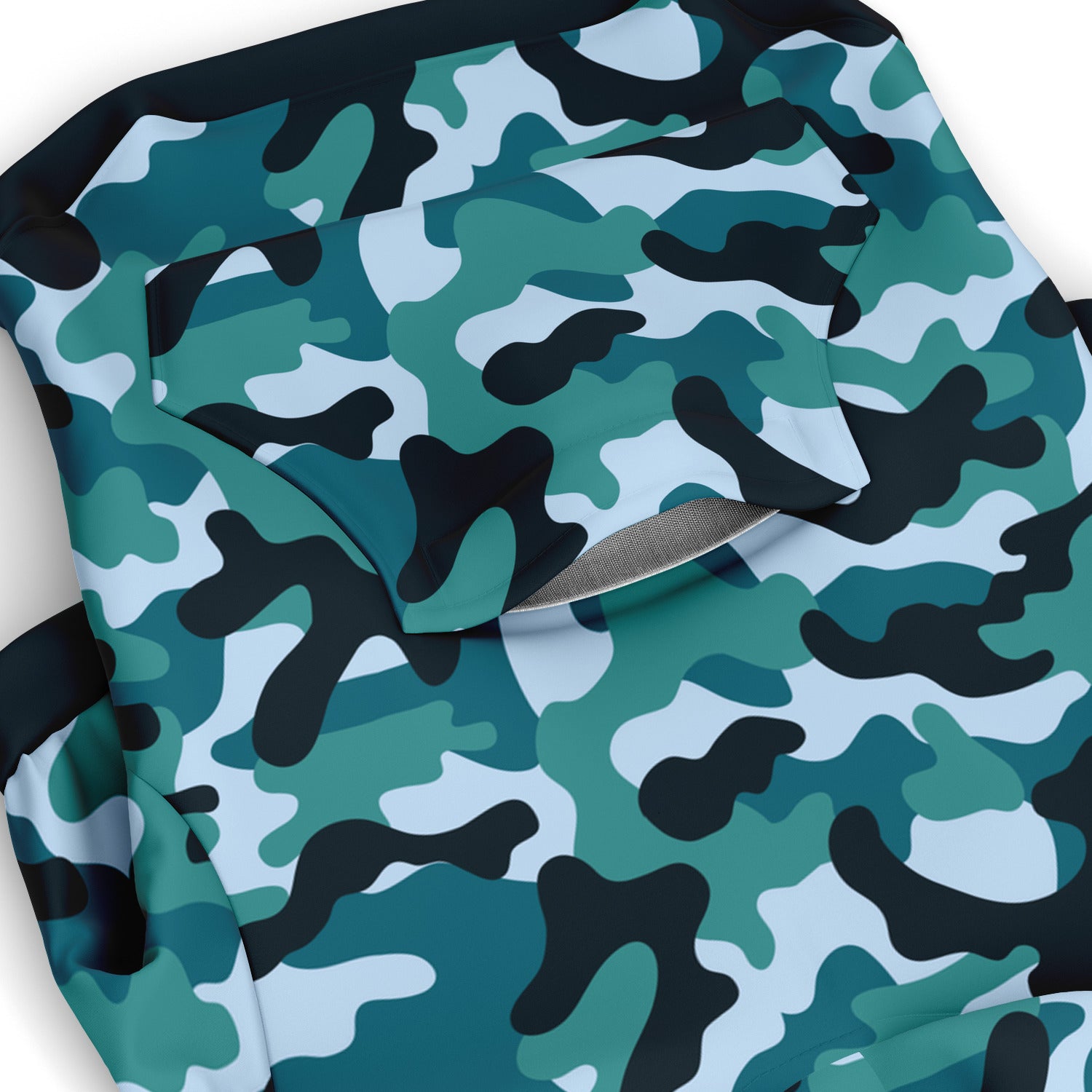 Pocket preview of Classic Aqua Camo dog hoodie.