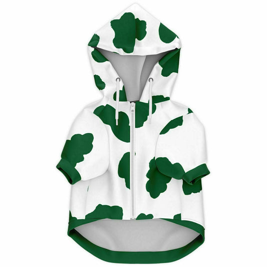 Front preview of Forest-Green Cow dog hoodie.