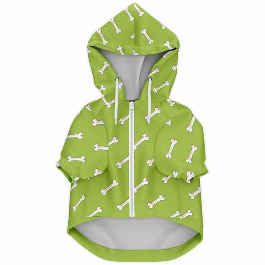 Front preview of Green Bones dog hoodie.