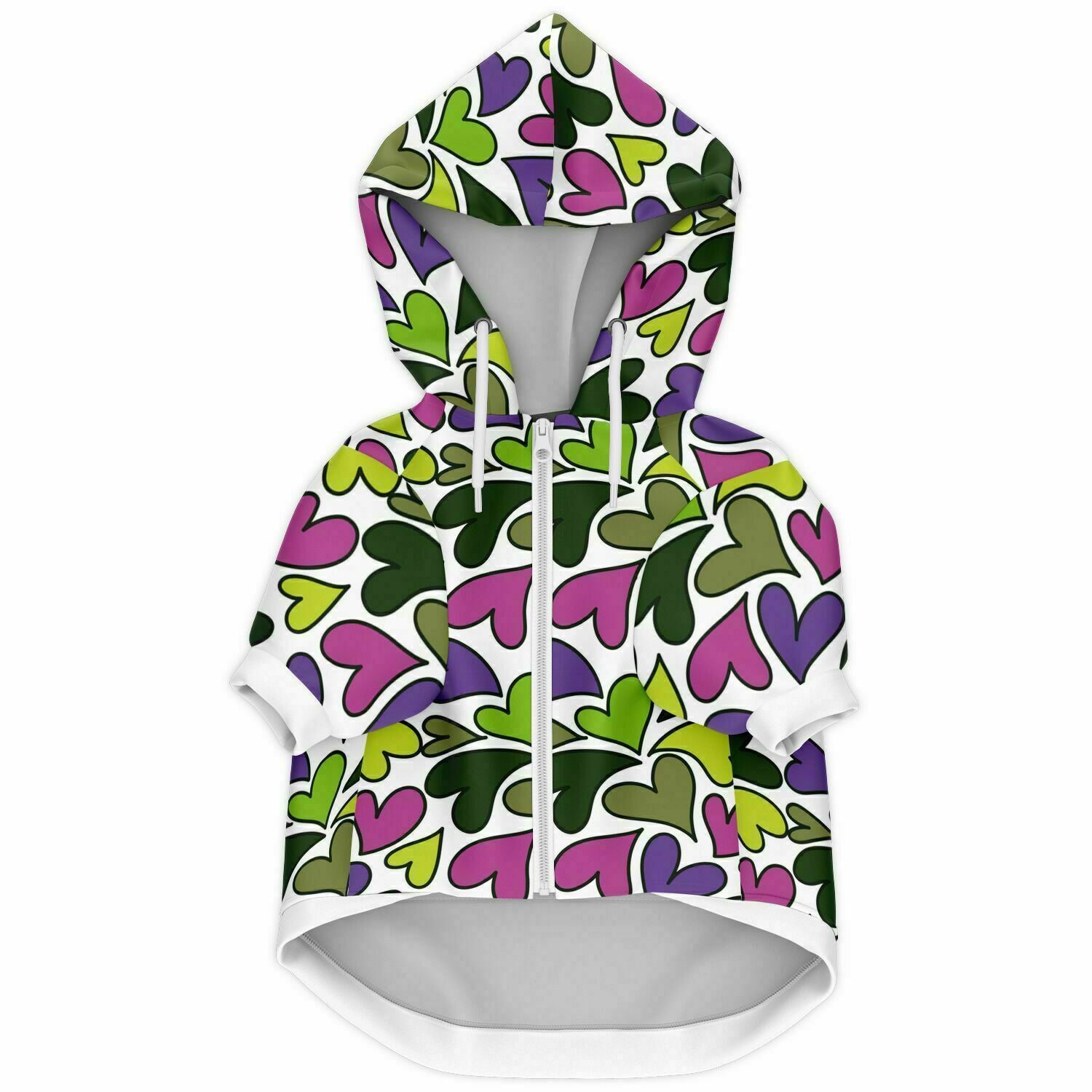 Front preview of Green Hearts dog hoodie.