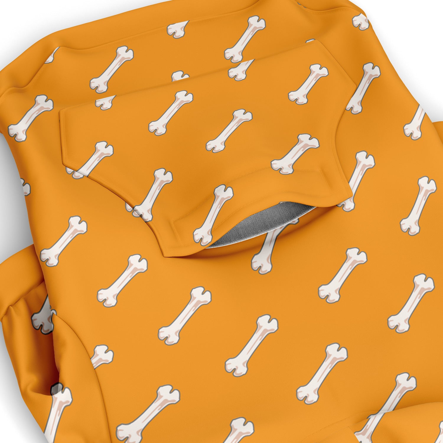 Pocket preview of Orange Bones dog hoodie.