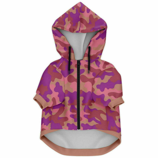 Front preview of Prism-Pink Camo dog hoodie.