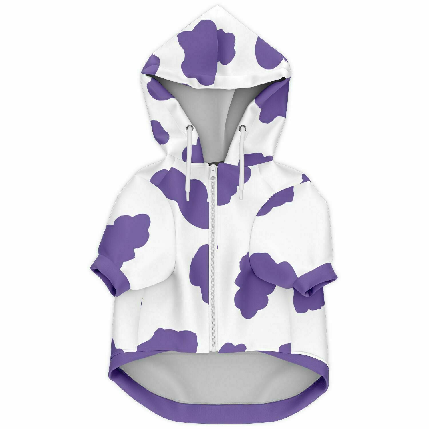 Front preview of Purple Cow dog hoodie.