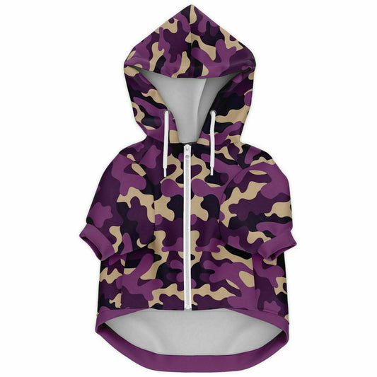 Front preview of Purple-Party Camo dog hoodie.