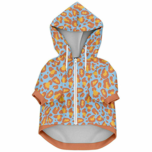 Front preview of Sky-Gold Leopard dog hoodie.